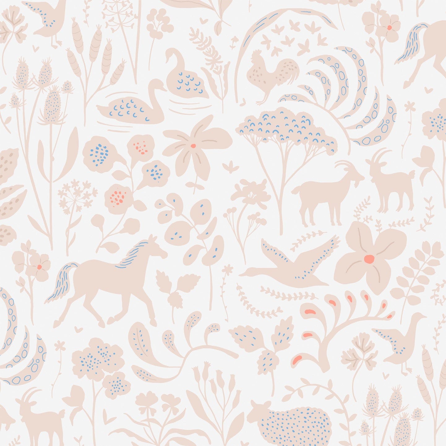 Wallpaper sample of ecru coloured flowers, leaves, swans, chickens, deers, ducks with a white background.