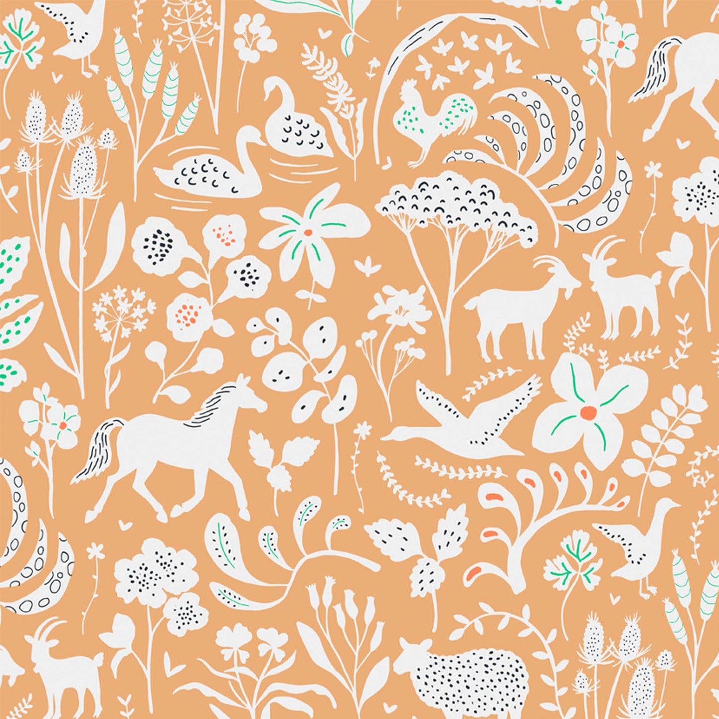 Wallpaper sample of white coloured flowers, leaves, swans, chickens, deers, ducks with a Ochre orange background.