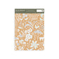 Wallpaper sample of white coloured flowers, leaves, swans, chickens, deers, ducks with a Ochre orange background
