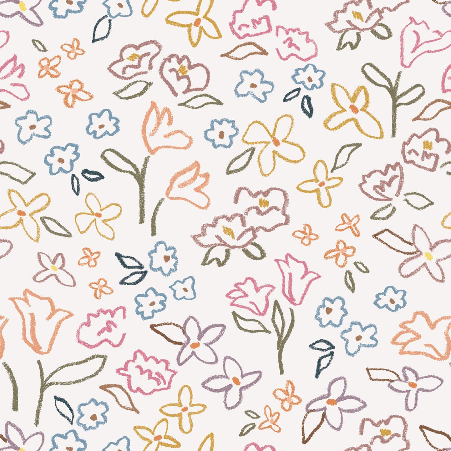 Wallpaper sample of flowers in coral, green, yellow, blue and pink in a crayon drawn style.