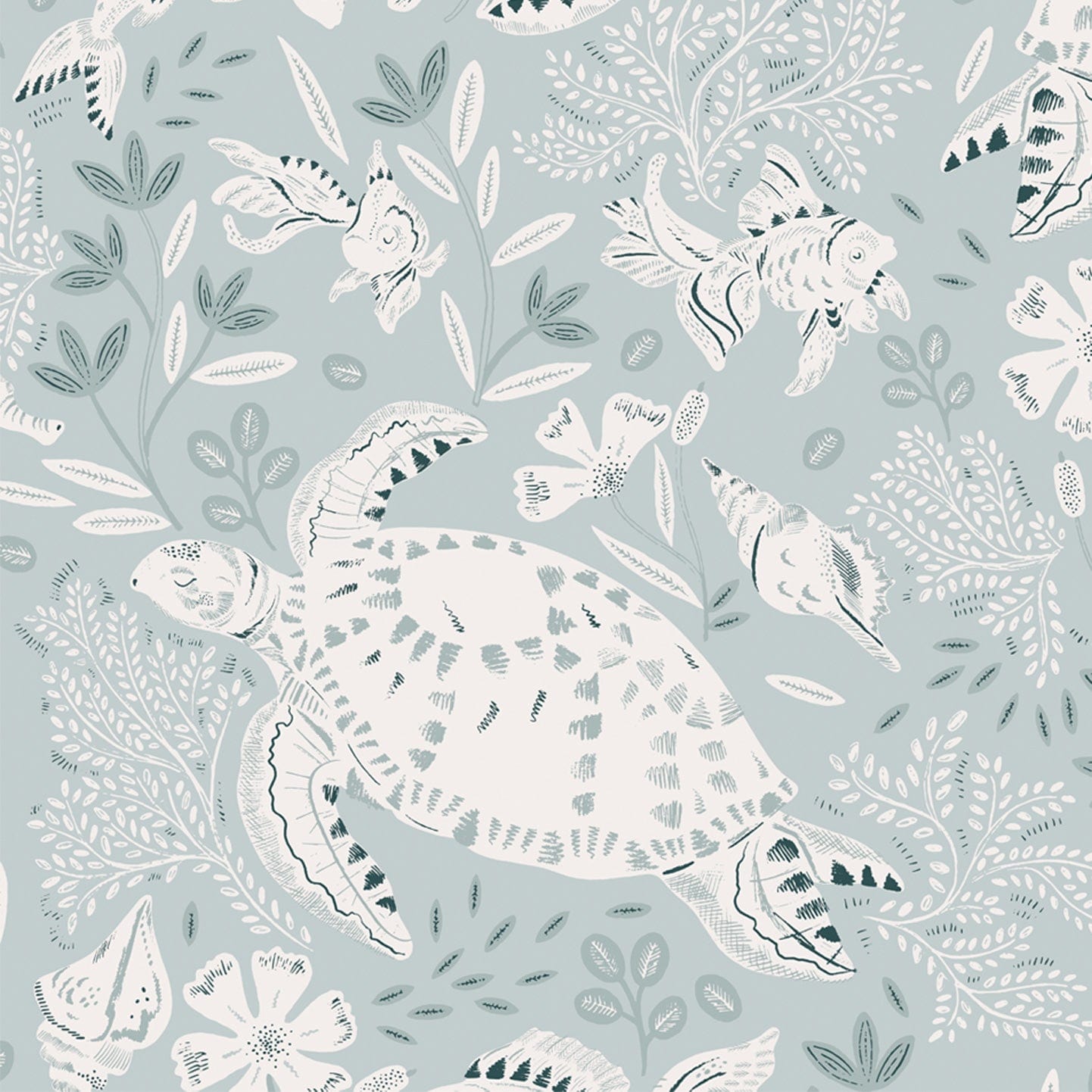 Ocean inspired wallpaper sample of a white swimming turtle, shells and fish with leaves and flowers. Blue background. 