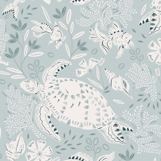Ocean inspired wallpaper sample of a white swimming turtle, shells and fish with leaves and flowers. Blue background. 