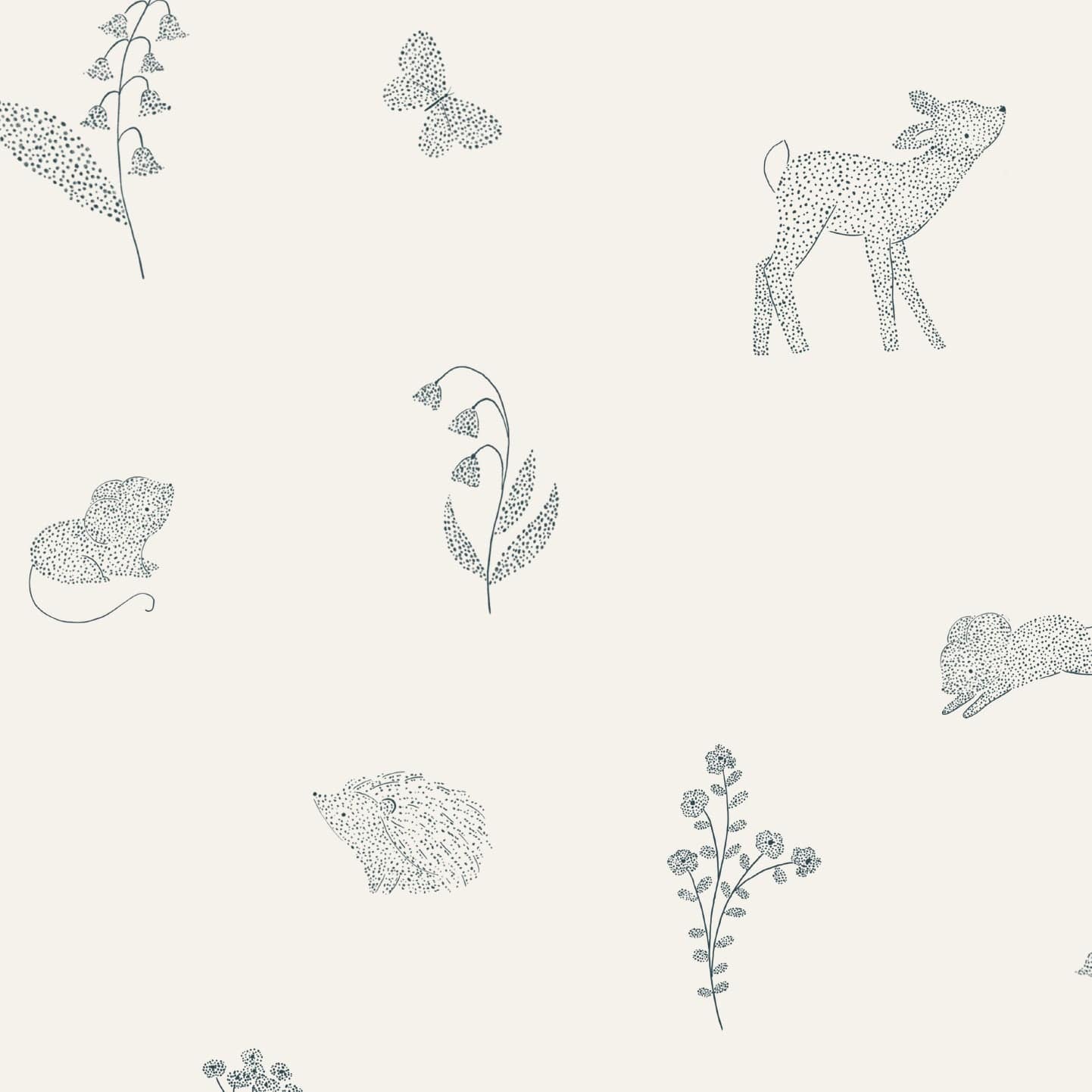Wallpaper sample of a deer, hedgehog, mouse, butterfly and flowers all in dot work. Cream background. 