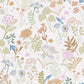 Wallpaper sample of soft floral artwork in pastels, neutrals. Blue birds sitting atop of some flowers.