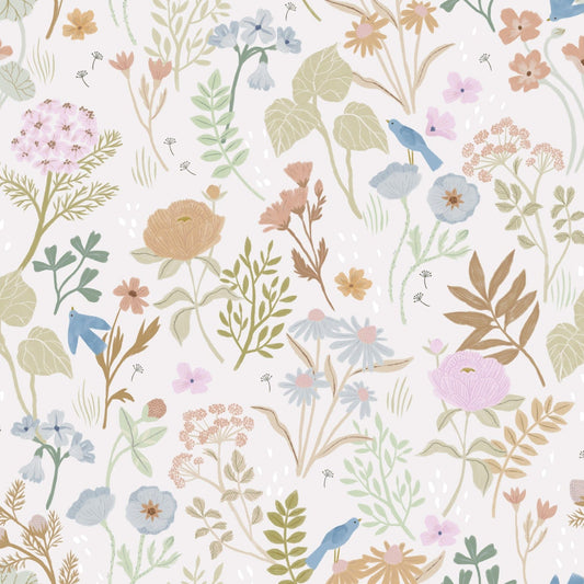 Wallpaper sample of soft floral artwork in pastels, neutrals. Blue birds sitting atop of some flowers.