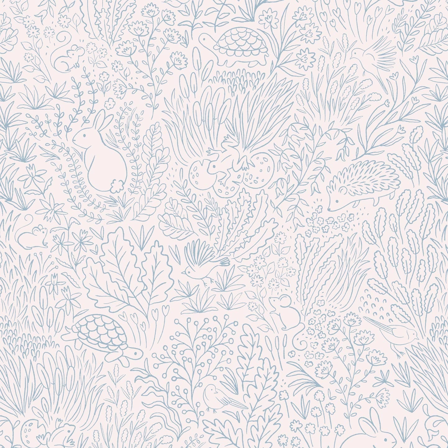 Wallpaper sample of blue line work animals and florals such as rabbits, hedgehogs, frogs, tortoise, mice and birds. 