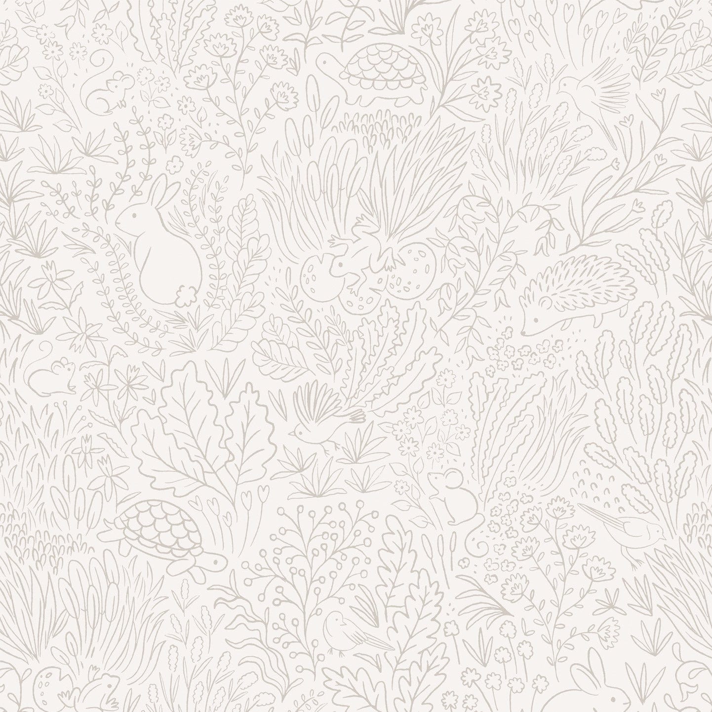 Wallpaper sample of Grey line work animals and florals such as rabbits, hedgehogs, frogs, tortoise, mice and birds. 