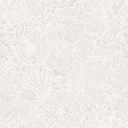 Wallpaper sample of Grey line work animals and florals such as rabbits, hedgehogs, frogs, tortoise, mice and birds. 