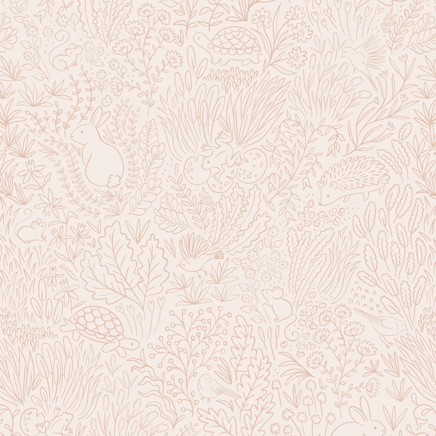 Wallpaper sample of Orange line work animals and florals such as rabbits, hedgehogs, frogs, tortoise, mice and birds. 