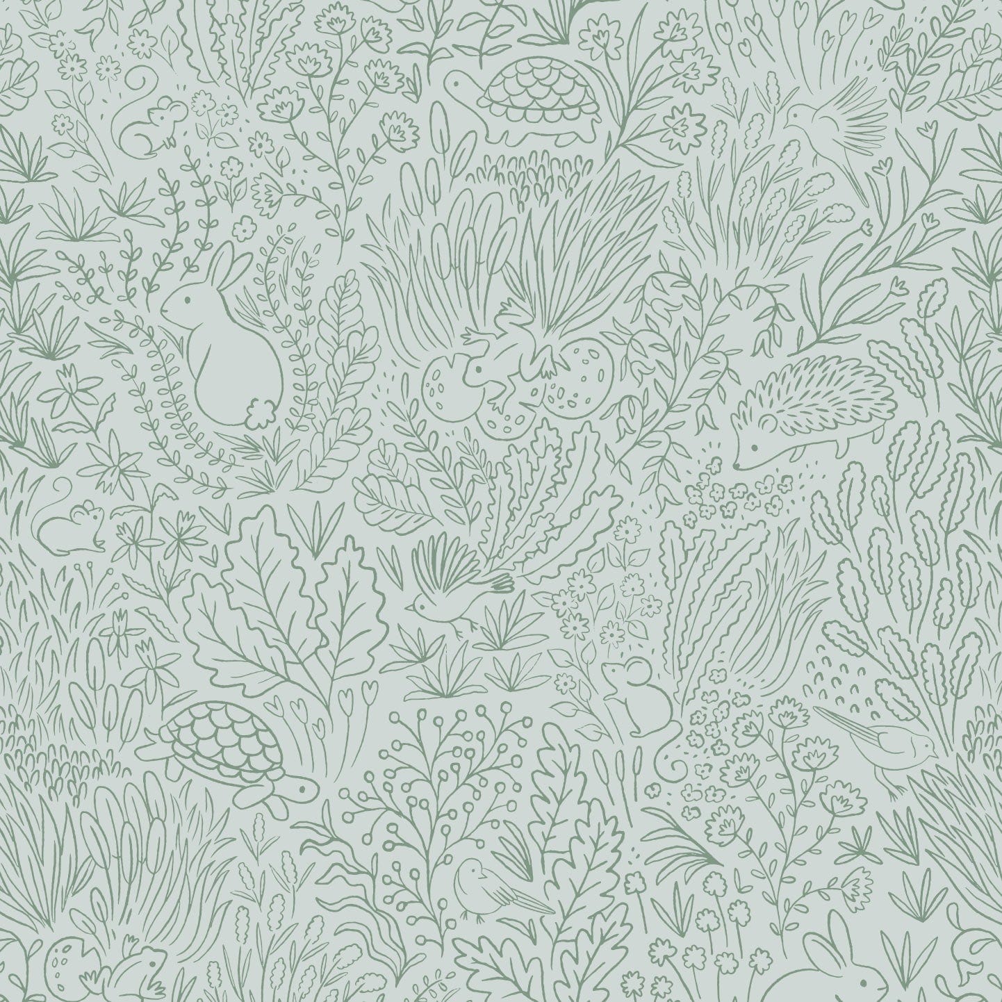 Wallpaper sample of sage green line work animals and florals such as rabbits, hedgehogs, frogs, tortoise, mice and birds. 