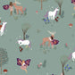 Wallpaper sample of a magical forest with white and purple unicorns, red and white toadstools, brown deers and delicate fairies. Flowers and trees.