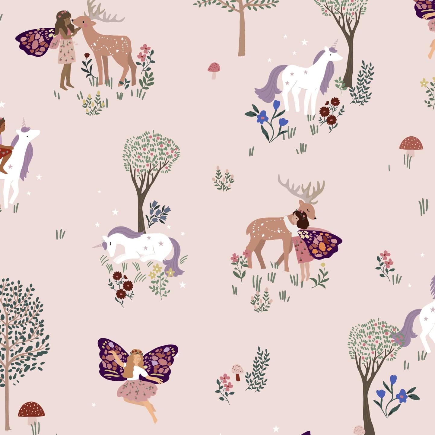 Wallpaper sample of a magical forest with white and purple unicorns, red and white toadstools, brown deers and delicate fairies. Flowers and trees with a pink background.