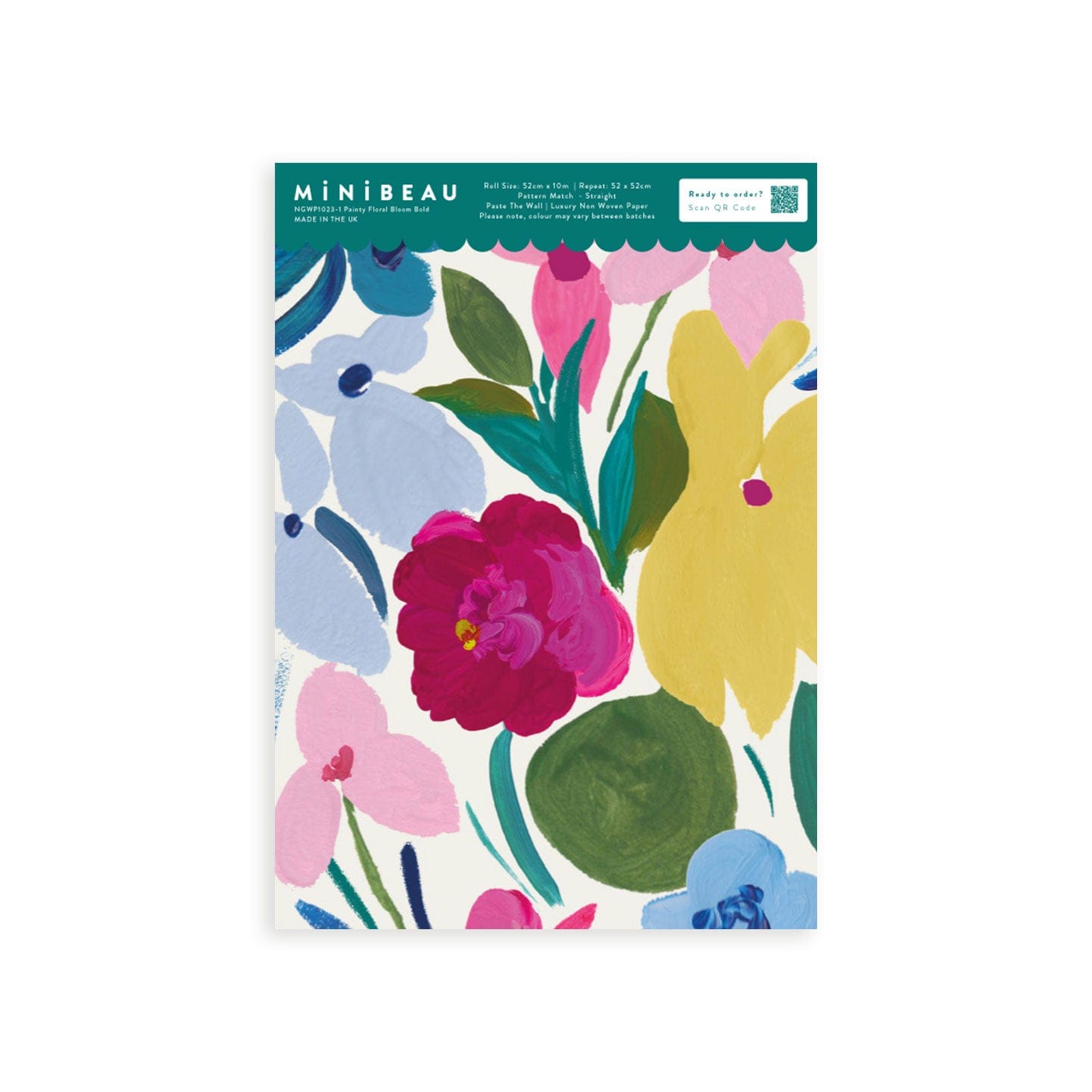 Wallpaper sample of large flowers in yellow, pink, blue and fuchsia with green stalks and leaves.
