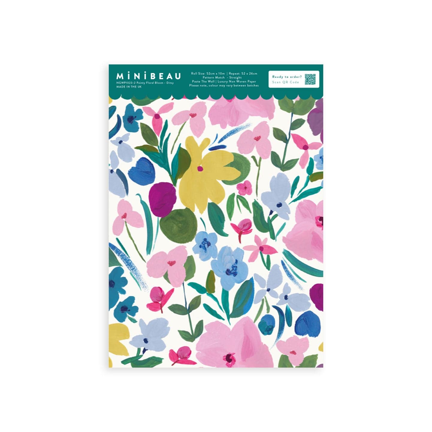 Wallpaper sample of  flowers in yellow, pink, blue and fuchsia with green stalks and leaves.