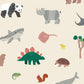 Wallpaper sample of multiple animals such as Pandas, Rhinos, Sharks, Dinosaurs, Squirrels, Frogs, Manta rays, Bears, Chameleons and trees with a cream background. 