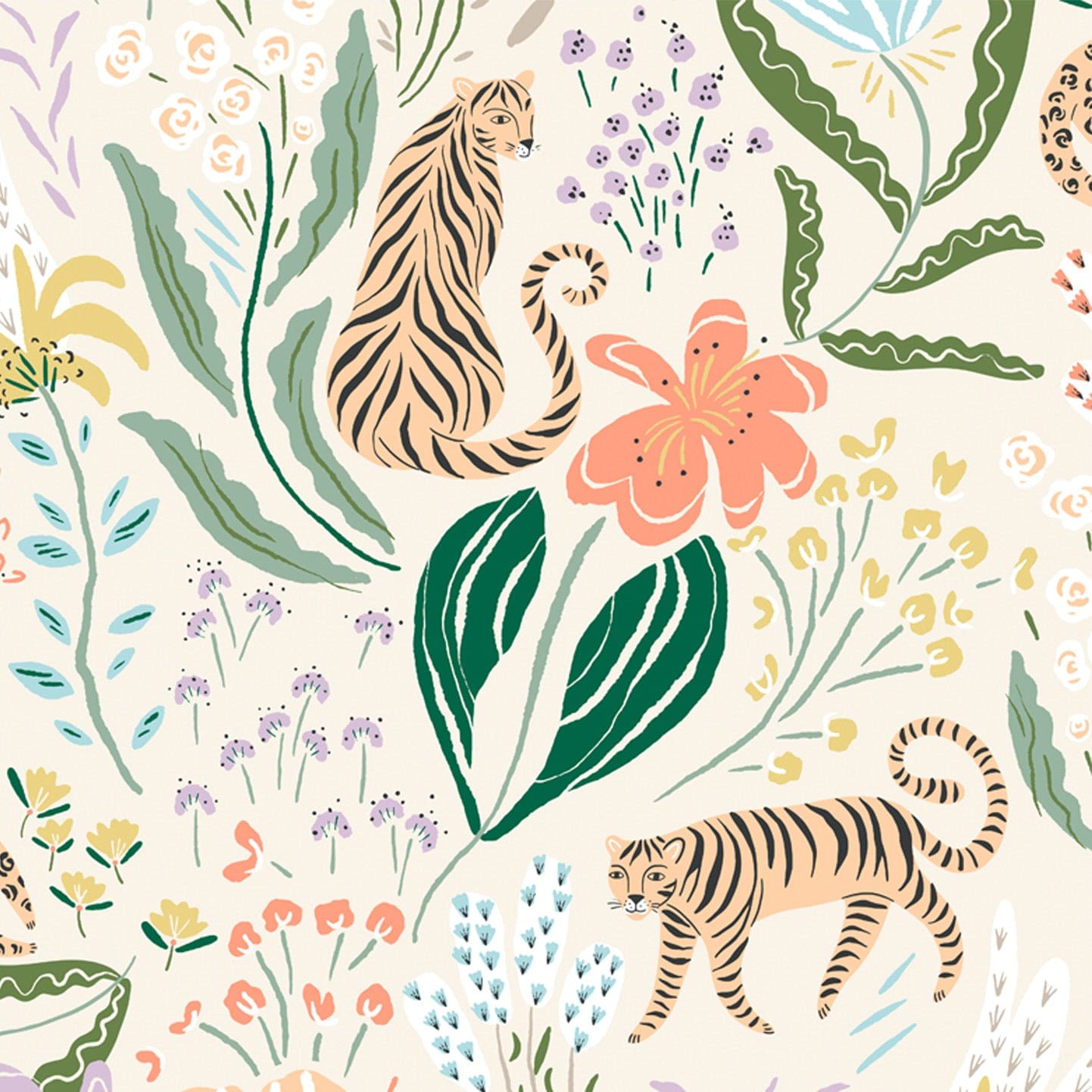 Wallpaper sample of leopards and tigers surrounded by pastel flowers and exotic green leaves. 
