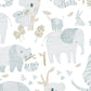 Wallpaper sample of delicate line work animals in blue such as mummy and baby elephants, mummy and baby pandas and mummy and baby koalas with neutral beige detailing. 