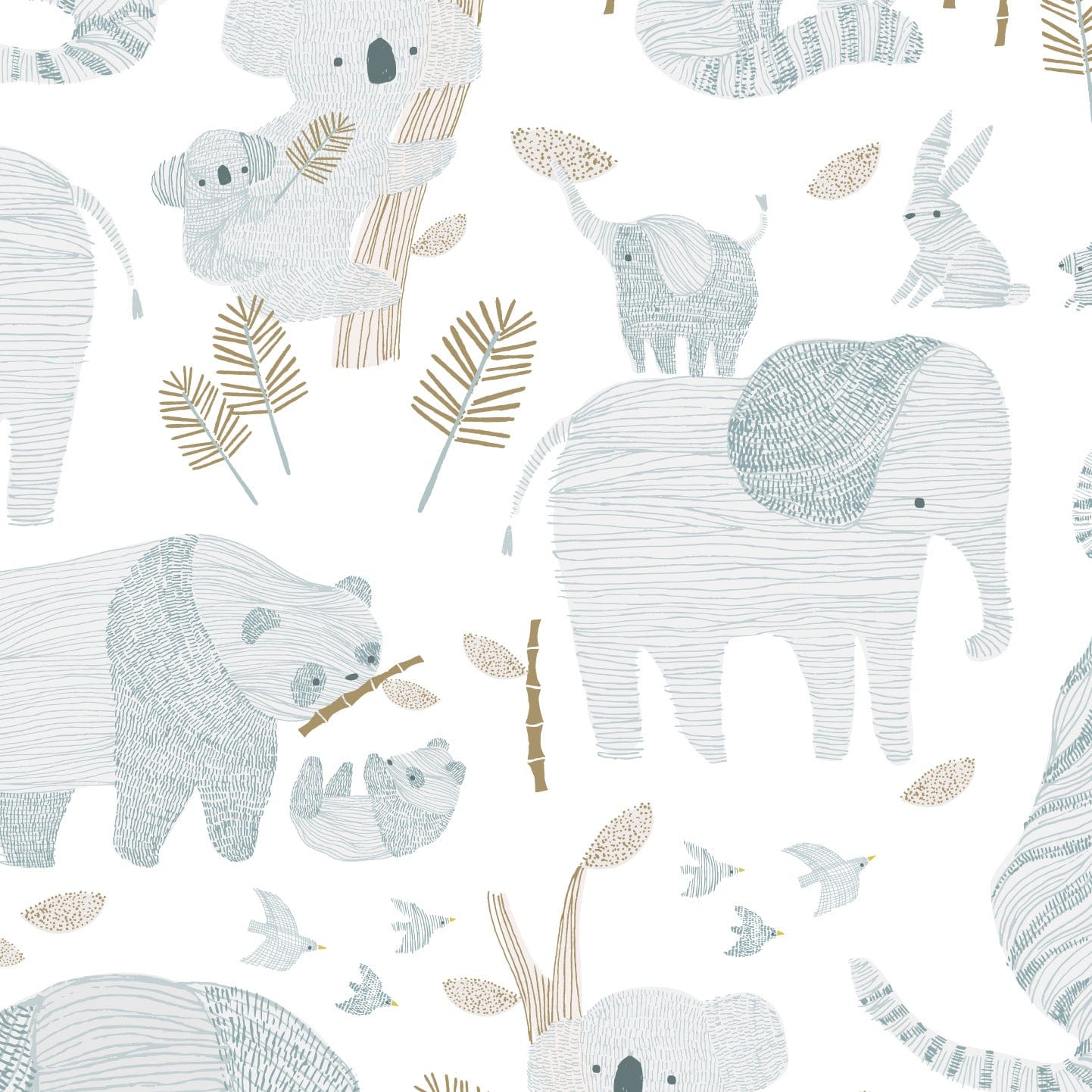 Wallpaper sample of delicate line work animals in blue such as mummy and baby elephants, mummy and baby pandas and mummy and baby koalas with neutral beige detailing. 