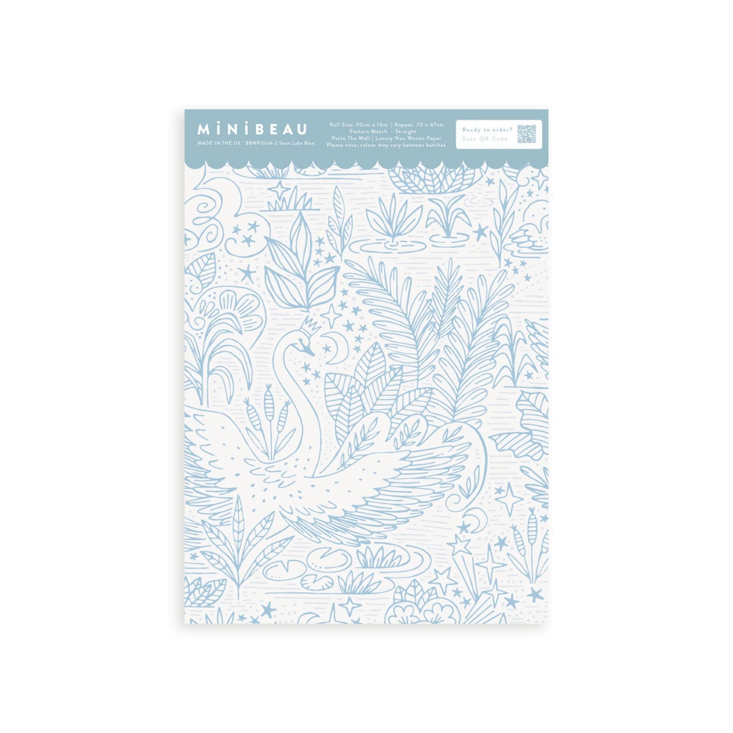 Wallpaper sample of very detailed floral print with swans gliding across a lake, flowers and leaves surround them. The print is line work and is all in blue