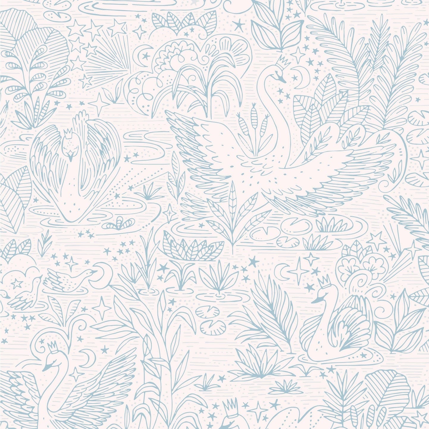 Wallpaper sample of very detailed floral print with swans gliding across a lake, flowers and leaves surround them. The print is line work and is all in blue