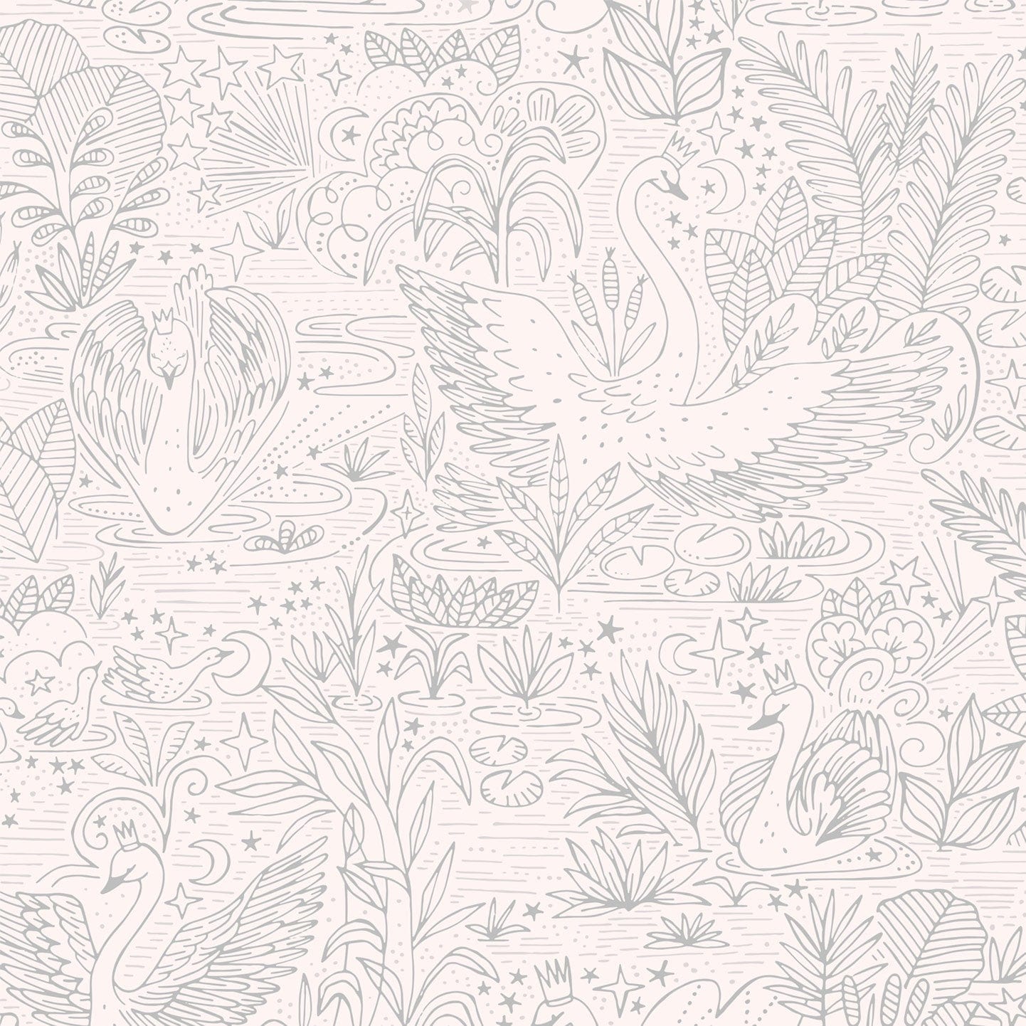Wallpaper sample of very detailed floral print with swans gliding across a lake, flowers and leaves surround them. The print is line work and is all in grey