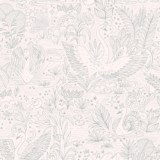 Wallpaper sample of very detailed floral print with swans gliding across a lake, flowers and leaves surround them. The print is line work and is all in grey