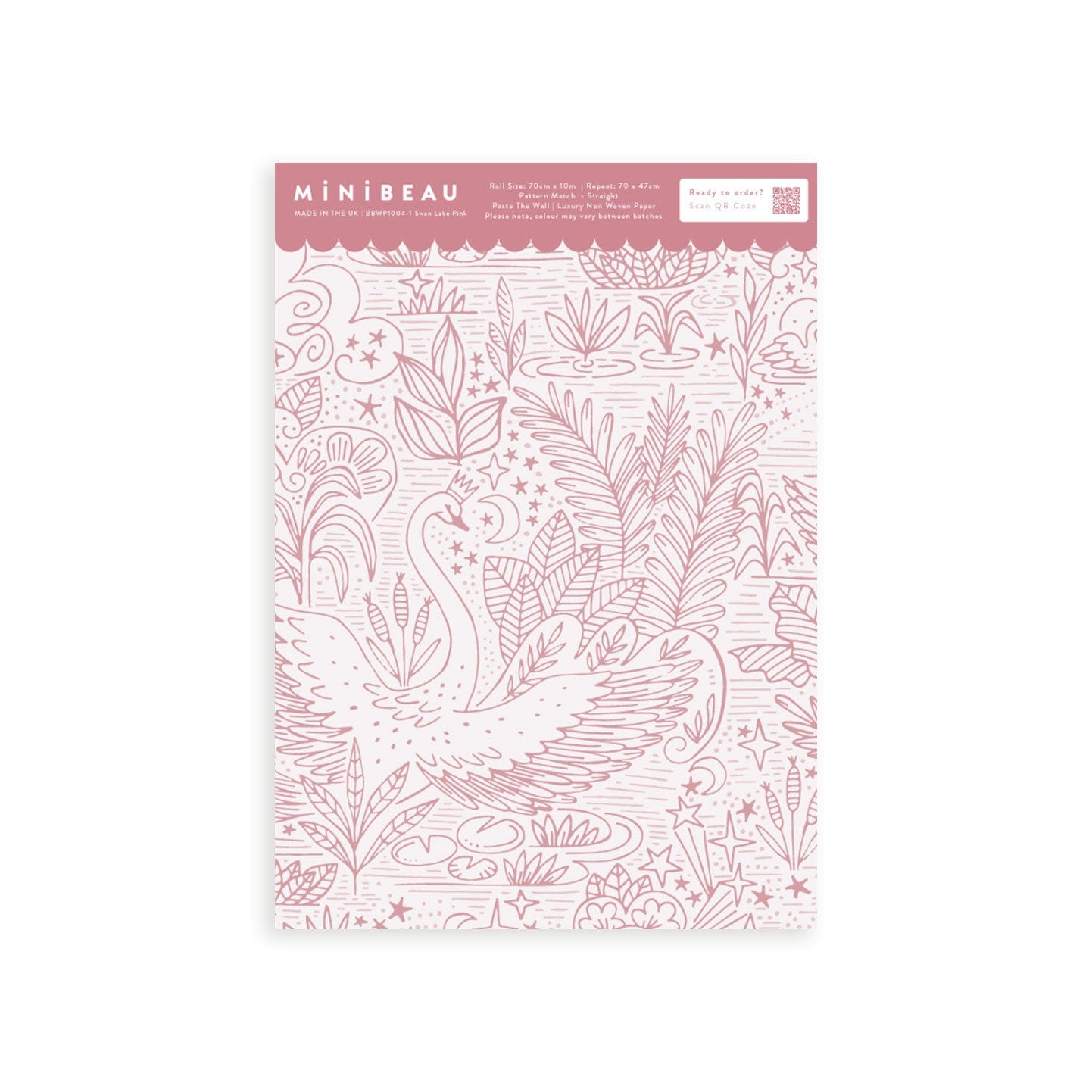 Wallpaper sample of very detailed floral print with swans gliding across a lake, flowers and leaves surround them. The print is line work and is all in pink