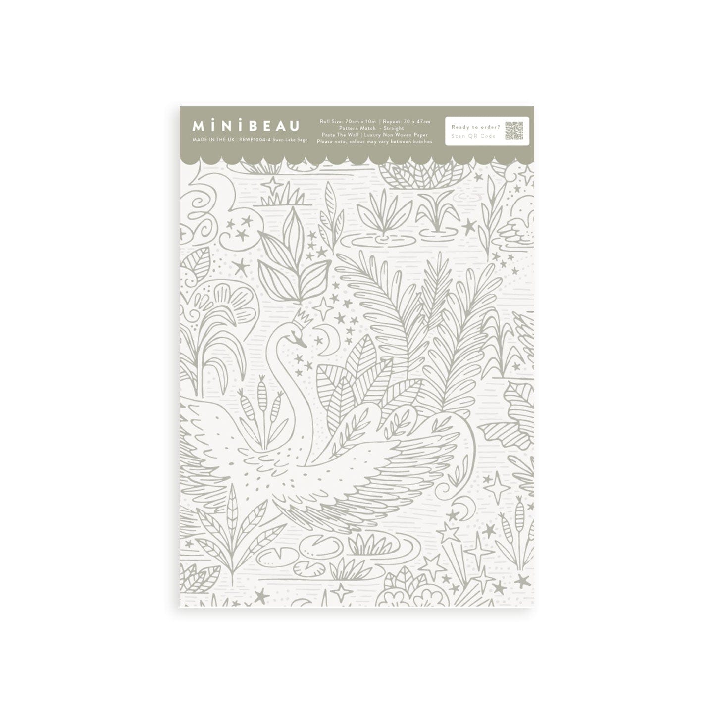 Wallpaper sample of very detailed floral print with swans gliding across a lake, flowers and leaves surround them. The print is line work and is all in sage green