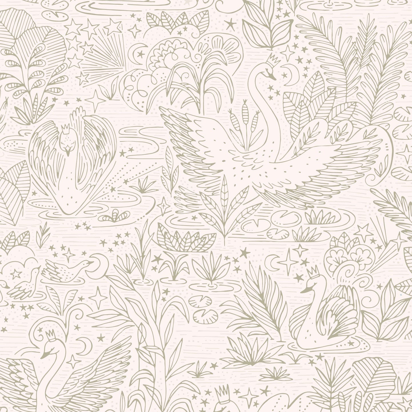 Wallpaper sample of very detailed floral print with swans gliding across a lake, flowers and leaves surround them. The print is line work and is all in sage green
