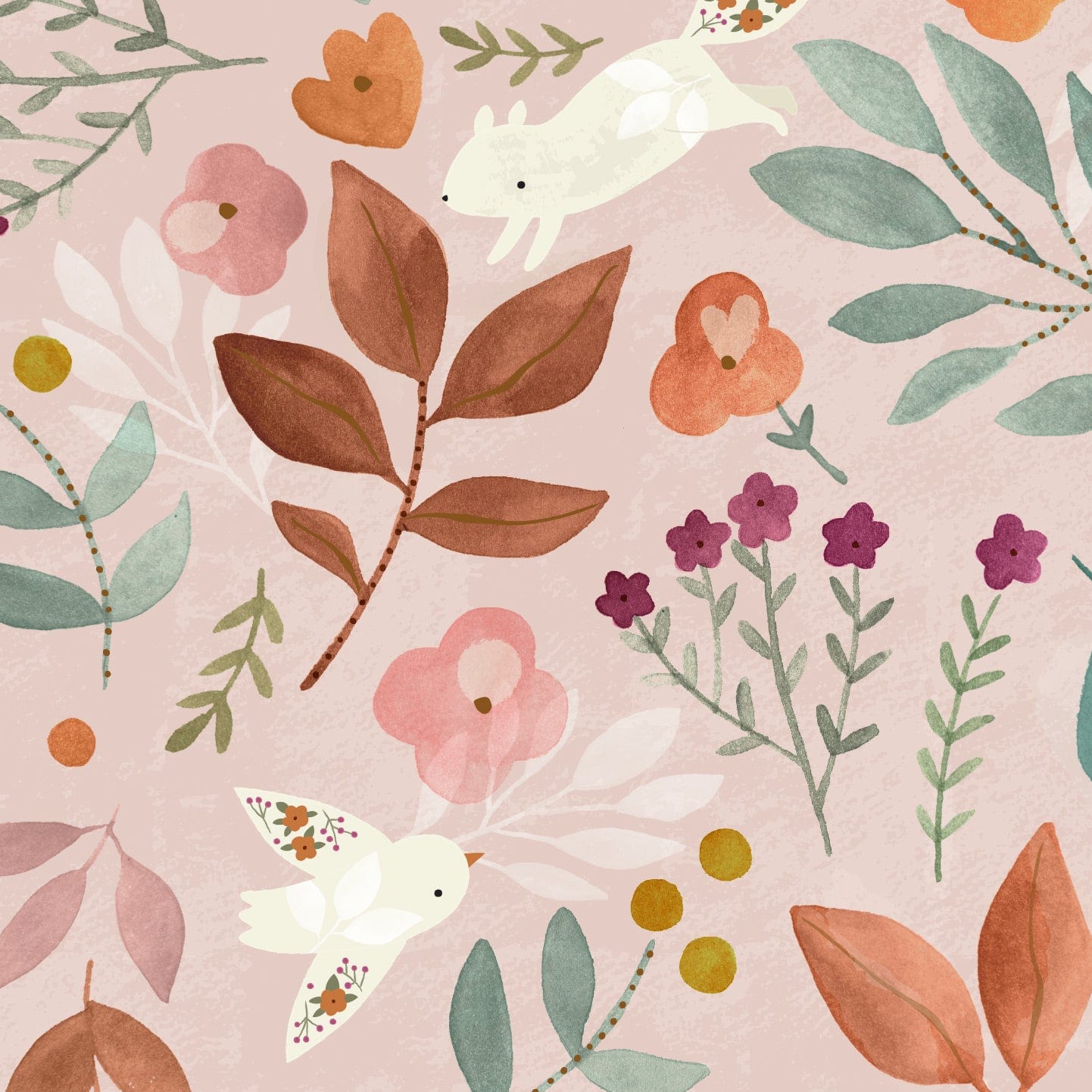 Wallpaper sample of vintage pink background with cream birds and squirrels with floral detailing. vintage pink and orange flowers with green leaves.