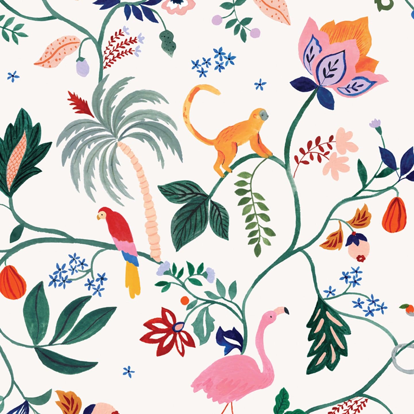 Wallpaper sample of Utopia menagerie in cream. Bright colourful animals sitting atop of exotic trees and leaves. Monkeys, Parrots, Flamingos. 