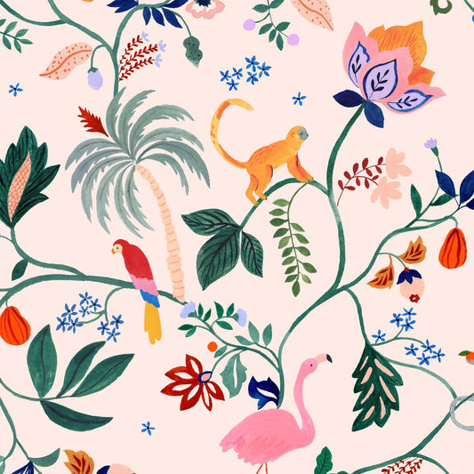 Wallpaper sample of Utopia menagerie in peach. Bright colourful animals sitting atop of exotic trees and leaves. Monkeys, Parrots, Flamingos. 
