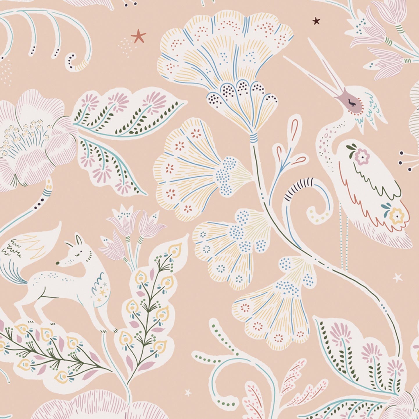 Wallpaper sample with a peach background and white animals such as storks and wolves with pretty floral patterns. 