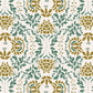 Wallpaper sample of green leaves with gold flowers and cream background. 