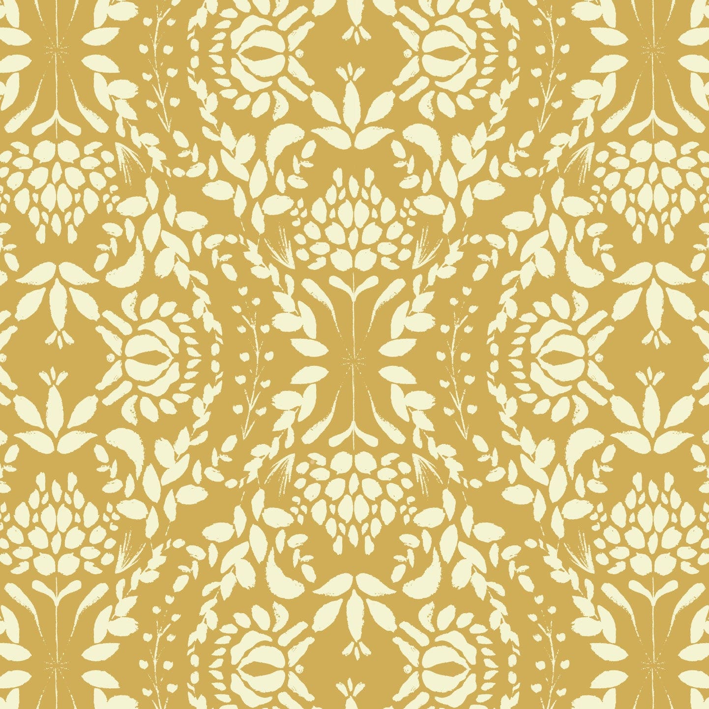 Wallpaper sample of mustard background with cream floral detailing of leaves and petals. 