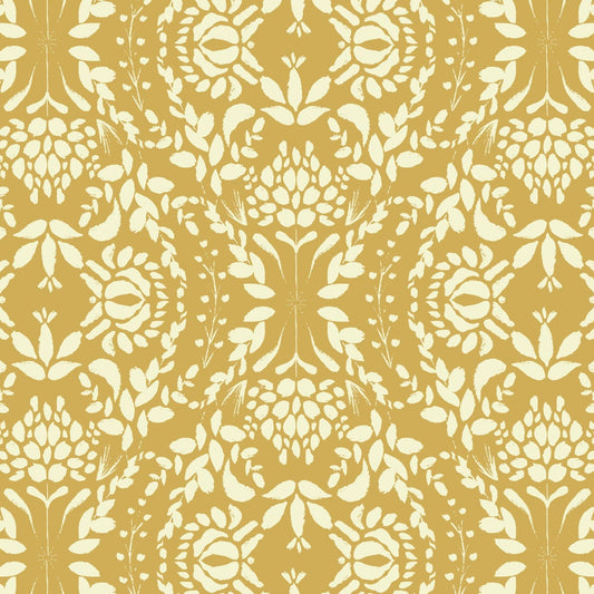 Wallpaper sample of mustard background with cream floral detailing of leaves and petals. 