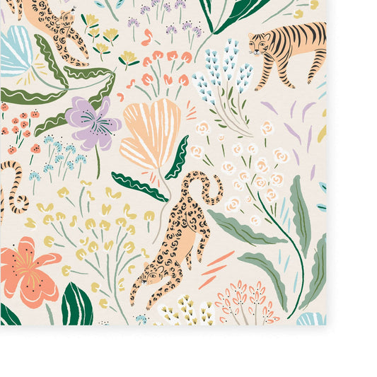 Walpaper  of leopards and tigers surrounded by pastel flowers and exotic green leaves.