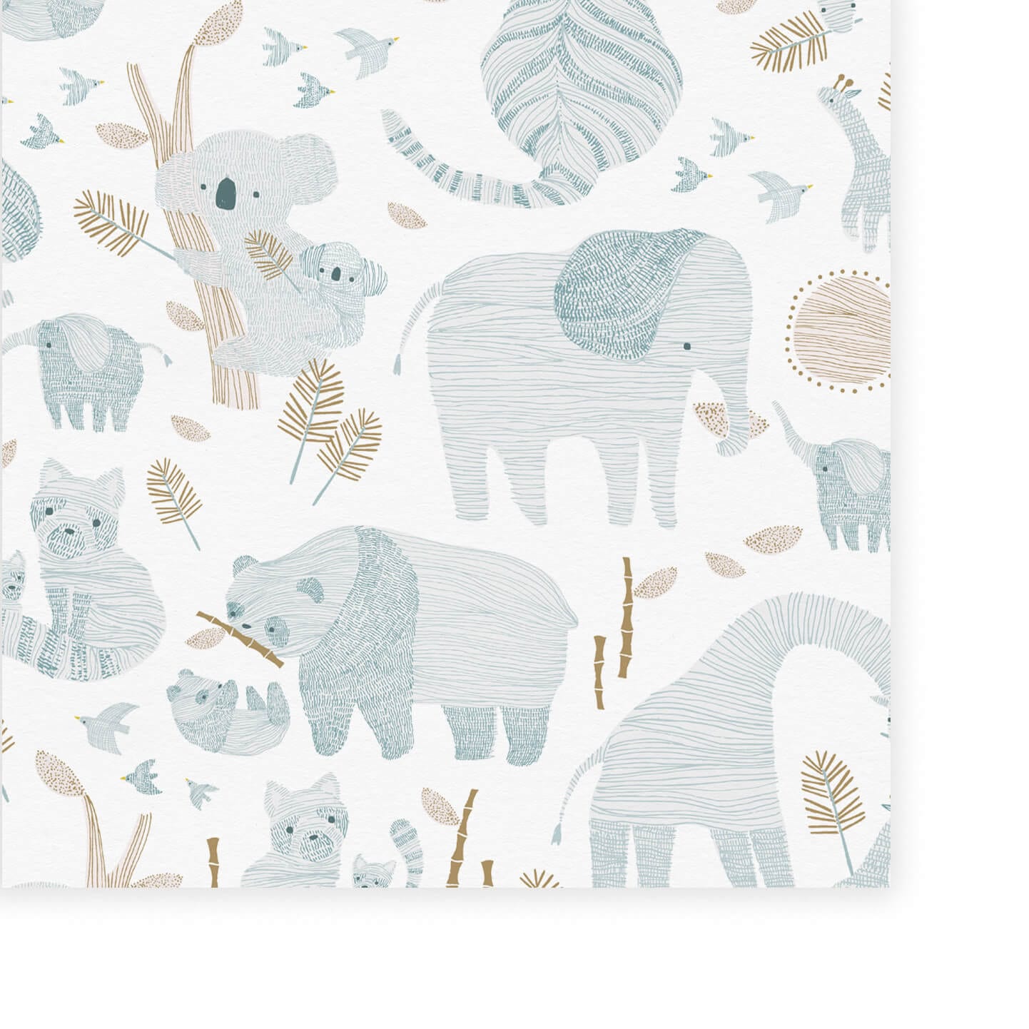 Wallpaper of delicate line work animals in blue such as mummy and baby elephants, mummy and baby pandas and mummy and baby koalas, tigers, elephants and giraffes on a neutral background with fir leaf detail