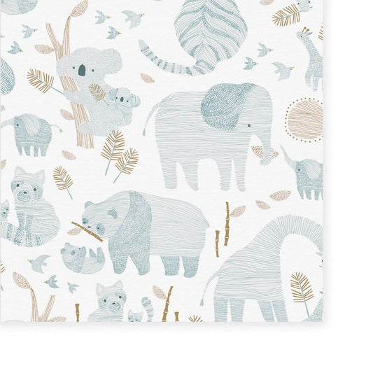Wallpaper of delicate line work animals in blue such as mummy and baby elephants, mummy and baby pandas and mummy and baby koalas, tigers, elephants and giraffes on a neutral background with fir leaf detail