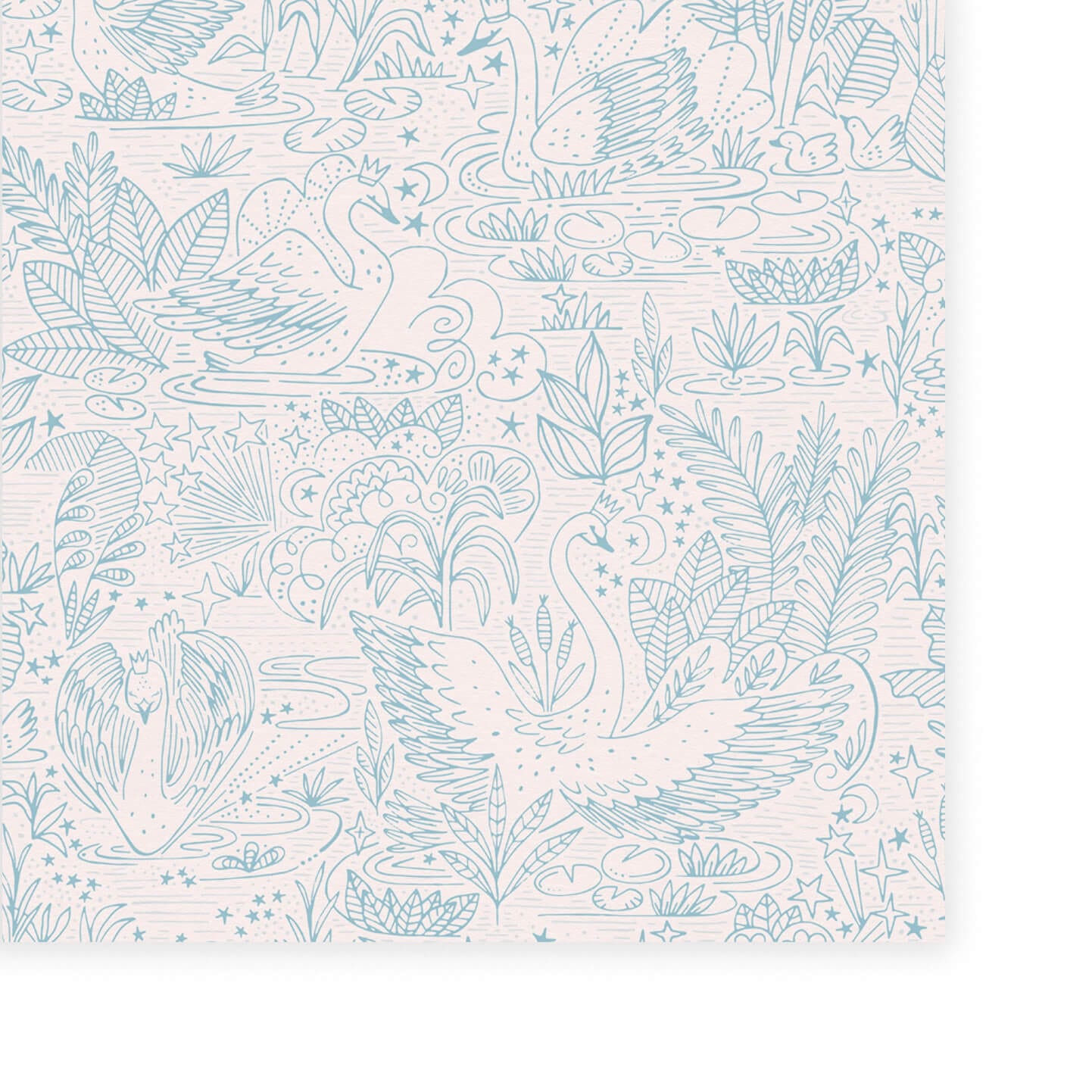 Wallpaper of very detailed floral print with swans gliding across a lake, flowers and leaves surround them. The print is line work and is all in blue
