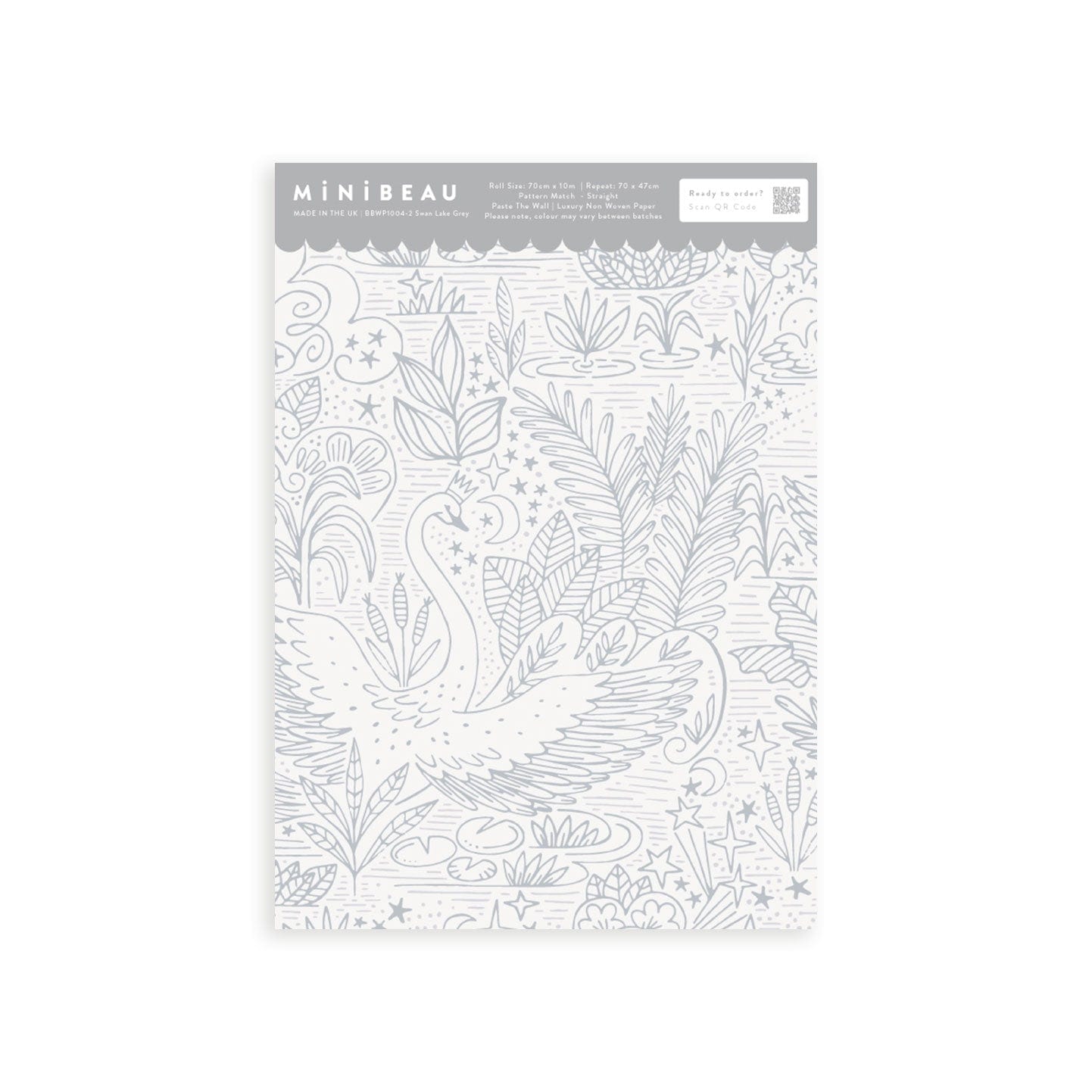 Wallpaper sample of very detailed floral print with swans gliding across a lake, flowers and leaves surround them. The print is line work and is all in grey