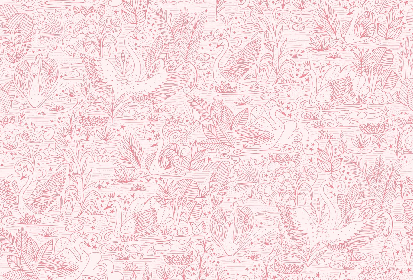 Wallpaper of very detailed floral print with swans gliding across a lake, flowers and leaves surround them. The print is line work and is all in pink