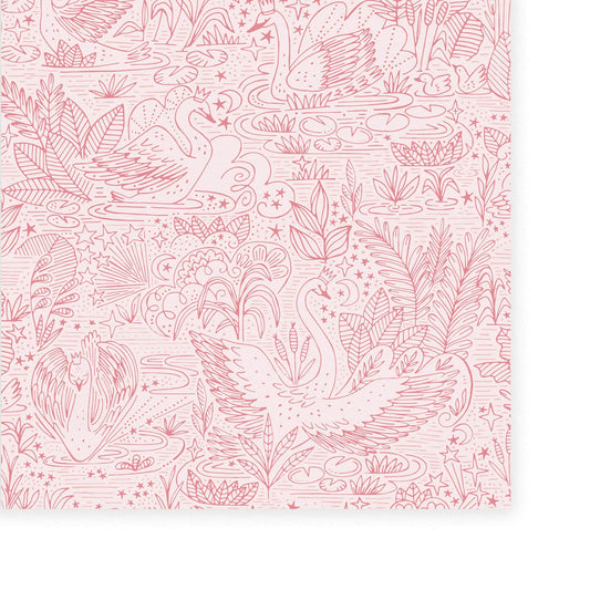 Wallpaper of very detailed floral print with swans gliding across a lake, flowers and leaves surround them. The print is line work and is all in pink