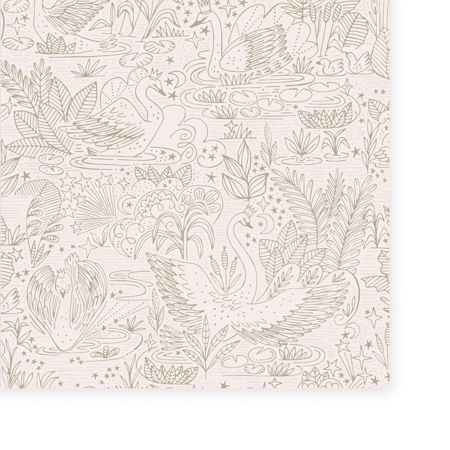 Wallpaper of very detailed floral print with swans gliding across a lake, flowers and leaves surround them. The print is line work and is all in sage green