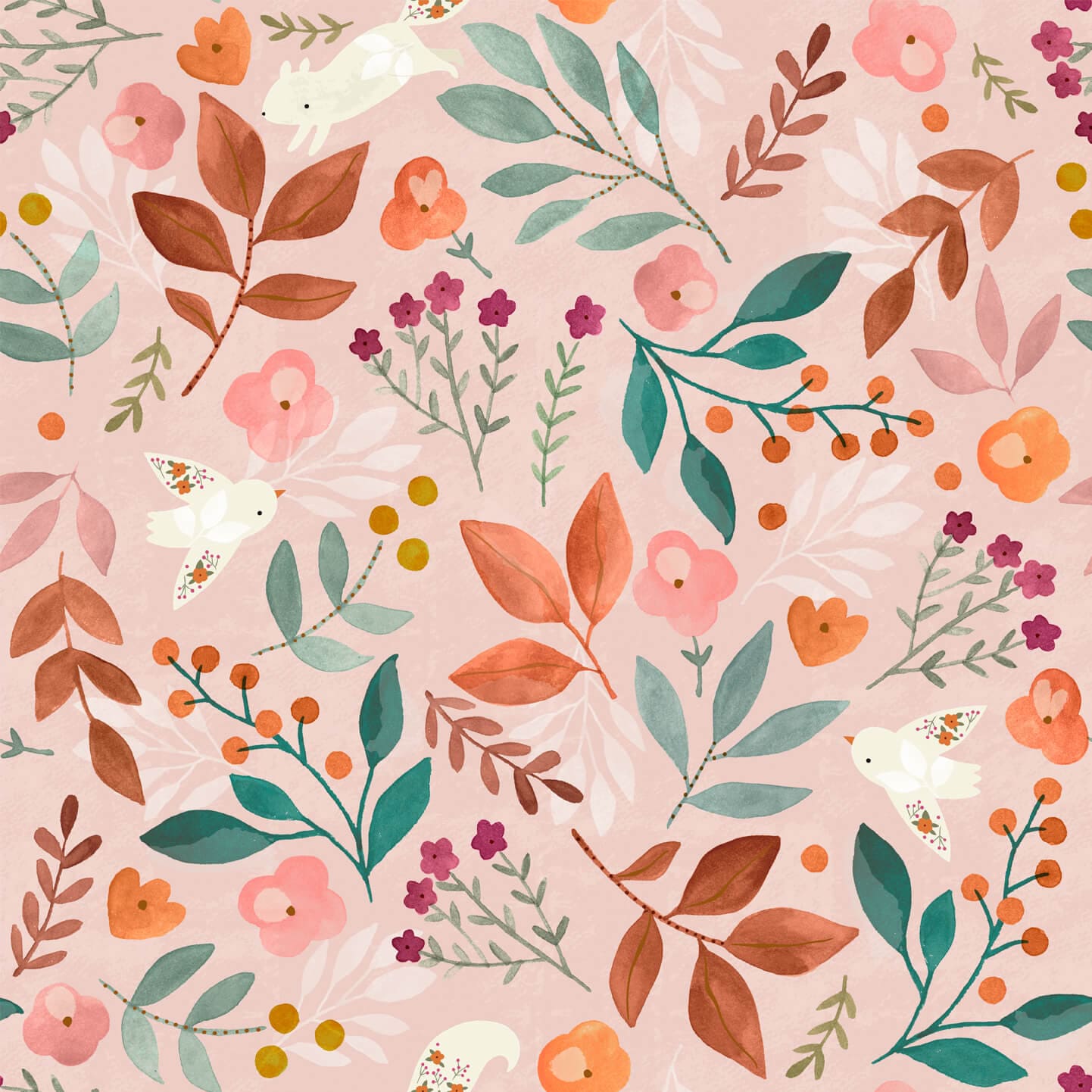 Wallpaper of vintage pink background with cream birds and squirrels with floral detailing. vintage pink and orange flowers with green leaves.