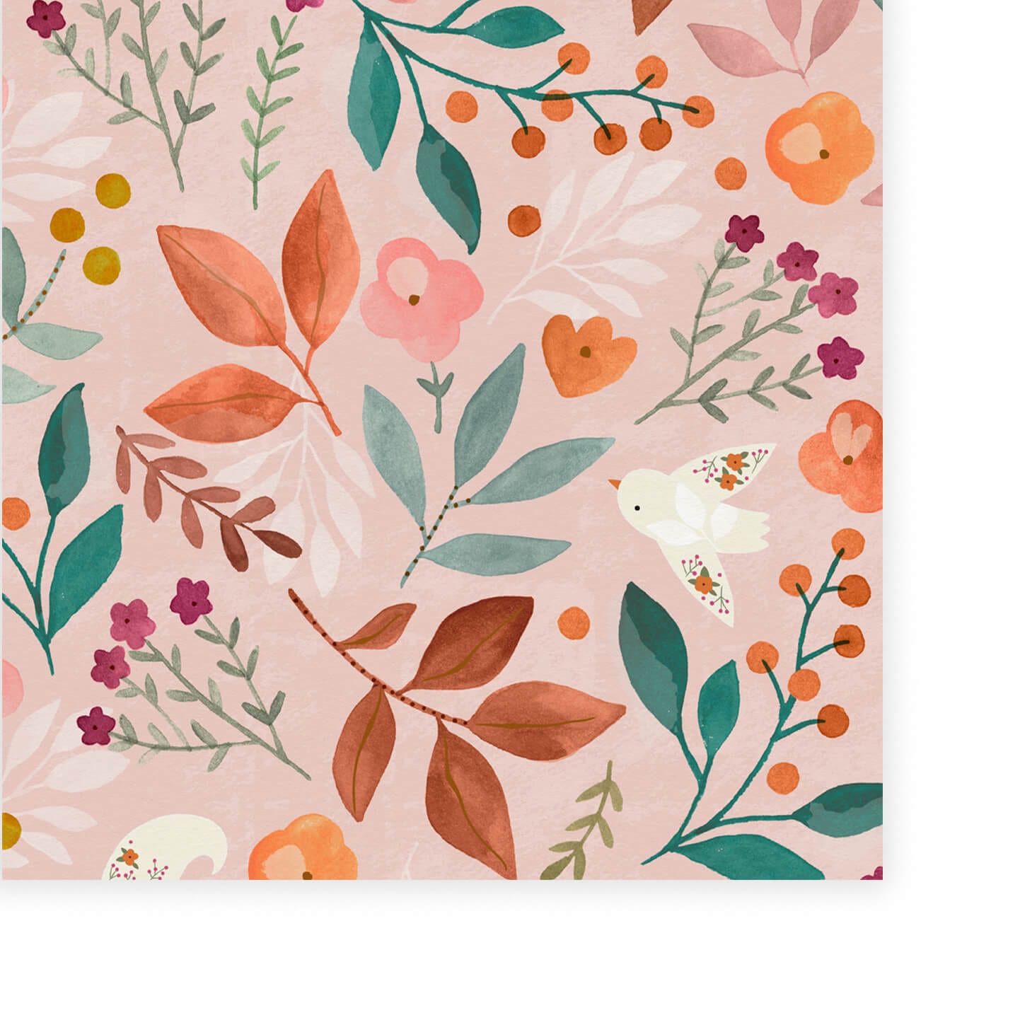 Wallpaper of vintage pink background with cream birds and squirrels with floral detailing. vintage pink and orange flowers with green leaves.