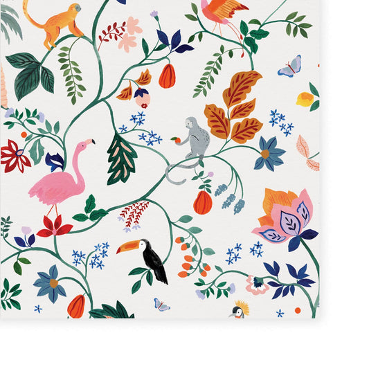 Wallpaper of Utopia menagerie in cream. Bright colourful animals sitting atop of exotic trees and leaves. Monkeys, Parrots, Flamingos.