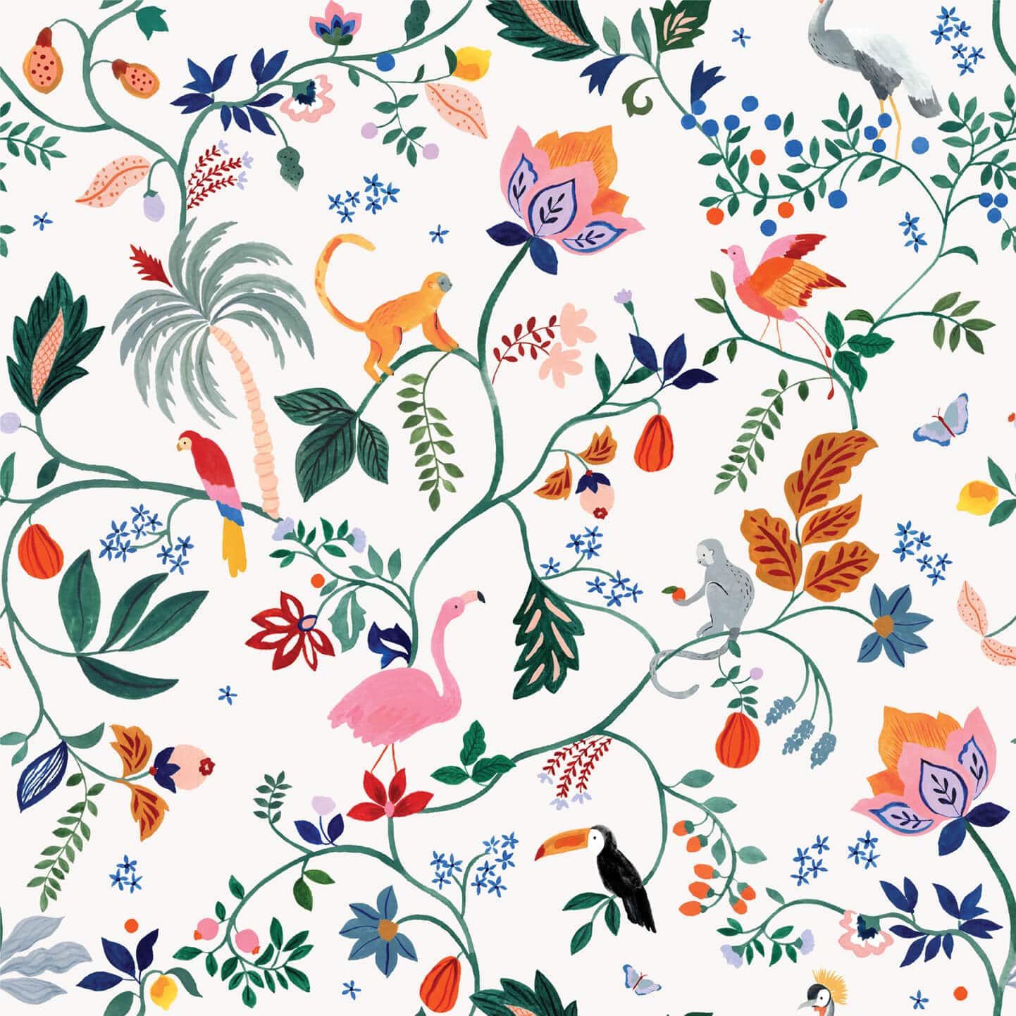 wallpaper of Utopia menagerie in cream. Bright colourful animals sitting atop of exotic trees and leaves. Monkeys, Parrots, Flamingos.