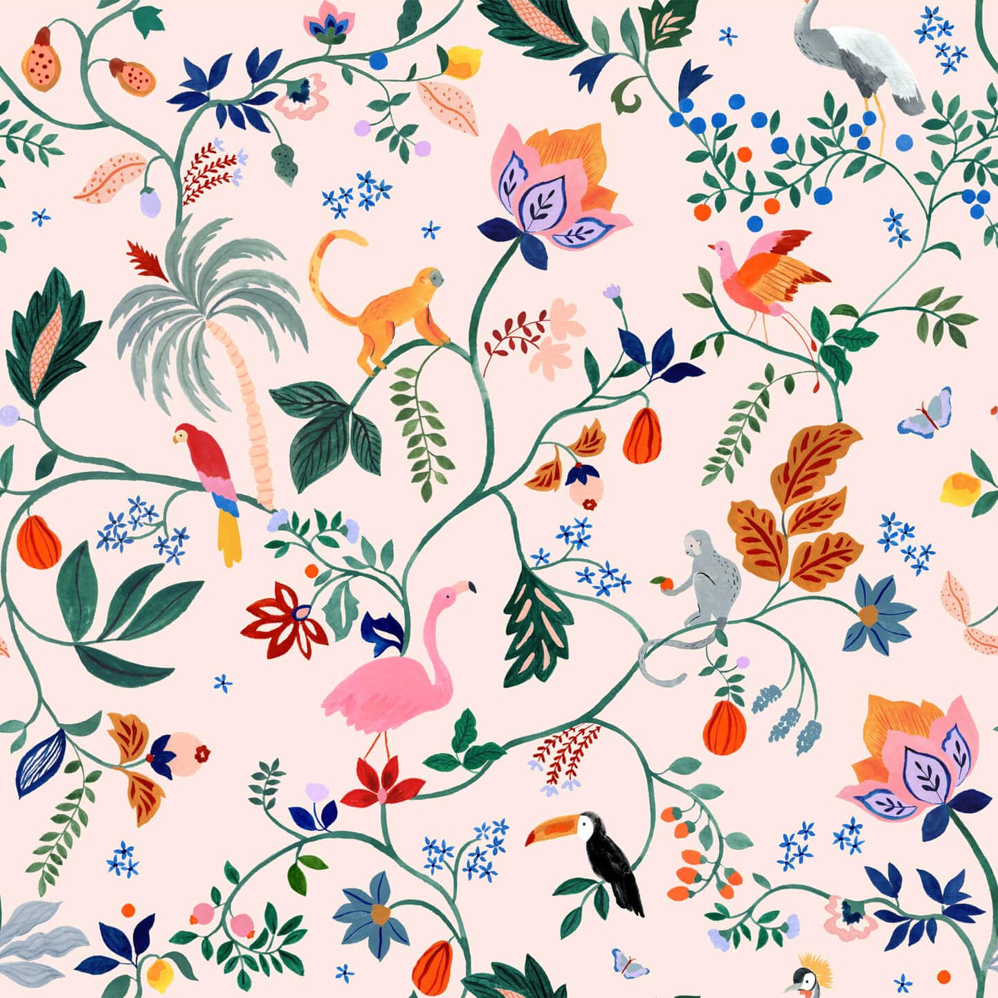 Wallpaper of Utopia menagerie in peach. Bright colourful animals sitting atop of exotic trees and leaves. Monkeys, Parrots, Flamingos.