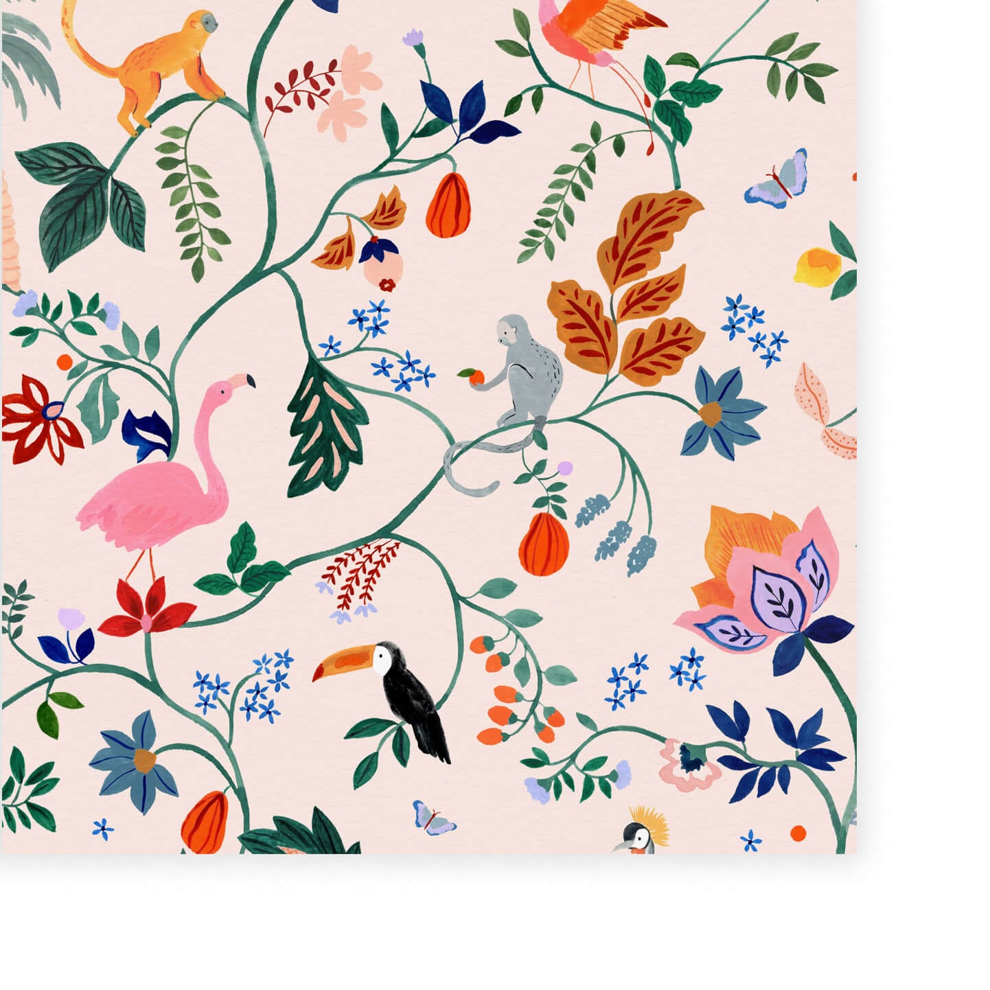 Wallpaper  of Utopia menagerie in peach. Bright colourful animals sitting atop of exotic trees and leaves. Monkeys, Parrots, Flamingos.
